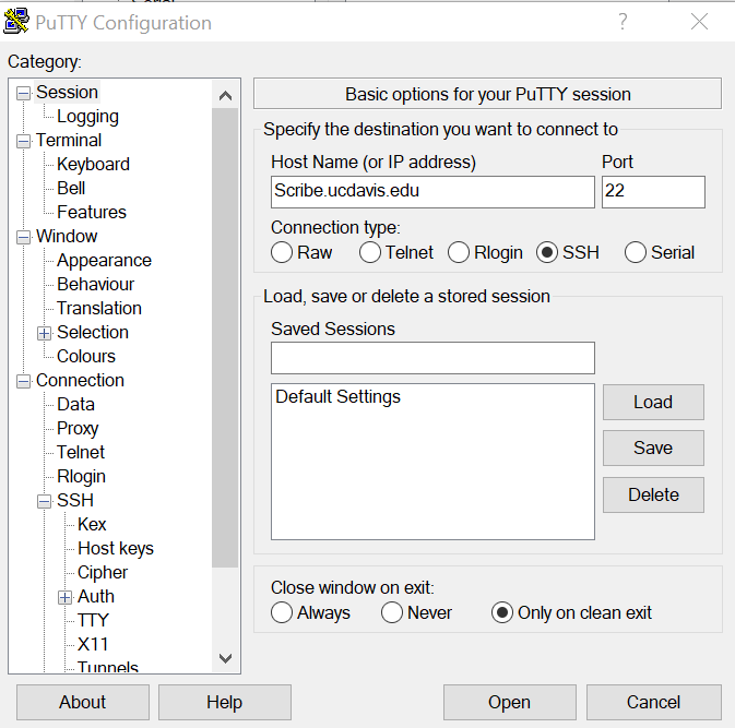 PuTTY host name entered
