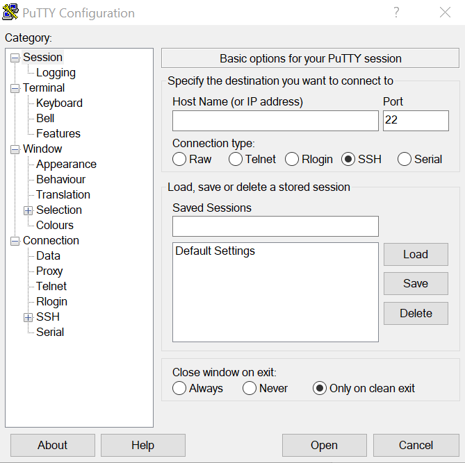 PuTTY configuration window