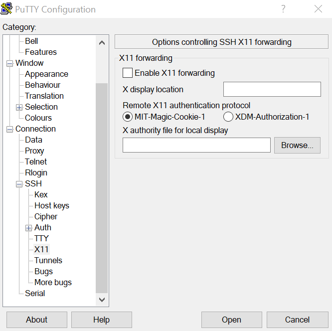 PuTTY SSH X11 options